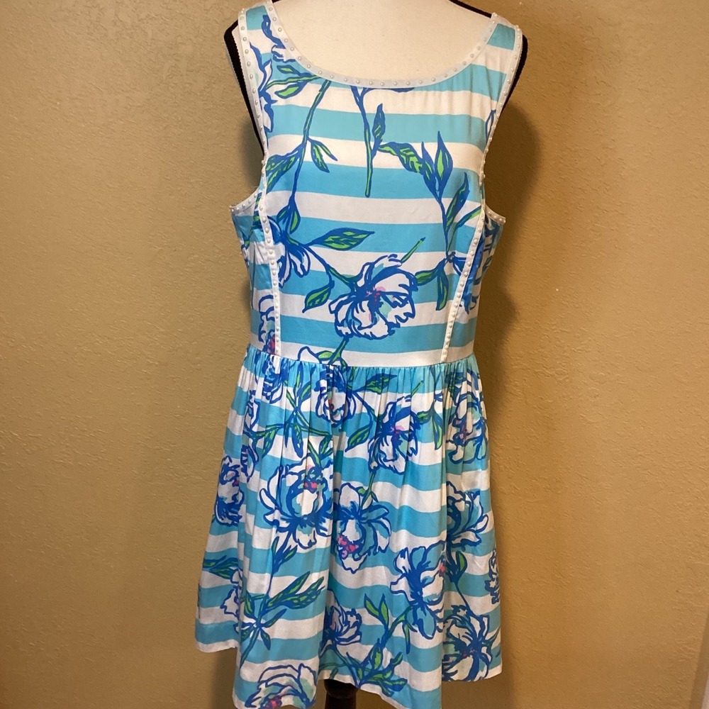LILLY PULITZER Sandrine DRESS, Size 14, Shorely Blue, PEARL DETAIL Sundress
